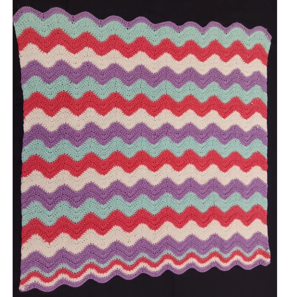 Handmade Crochet Chevron Baby Blanket Purple Teal Pink White Ripple Afghan 35x36